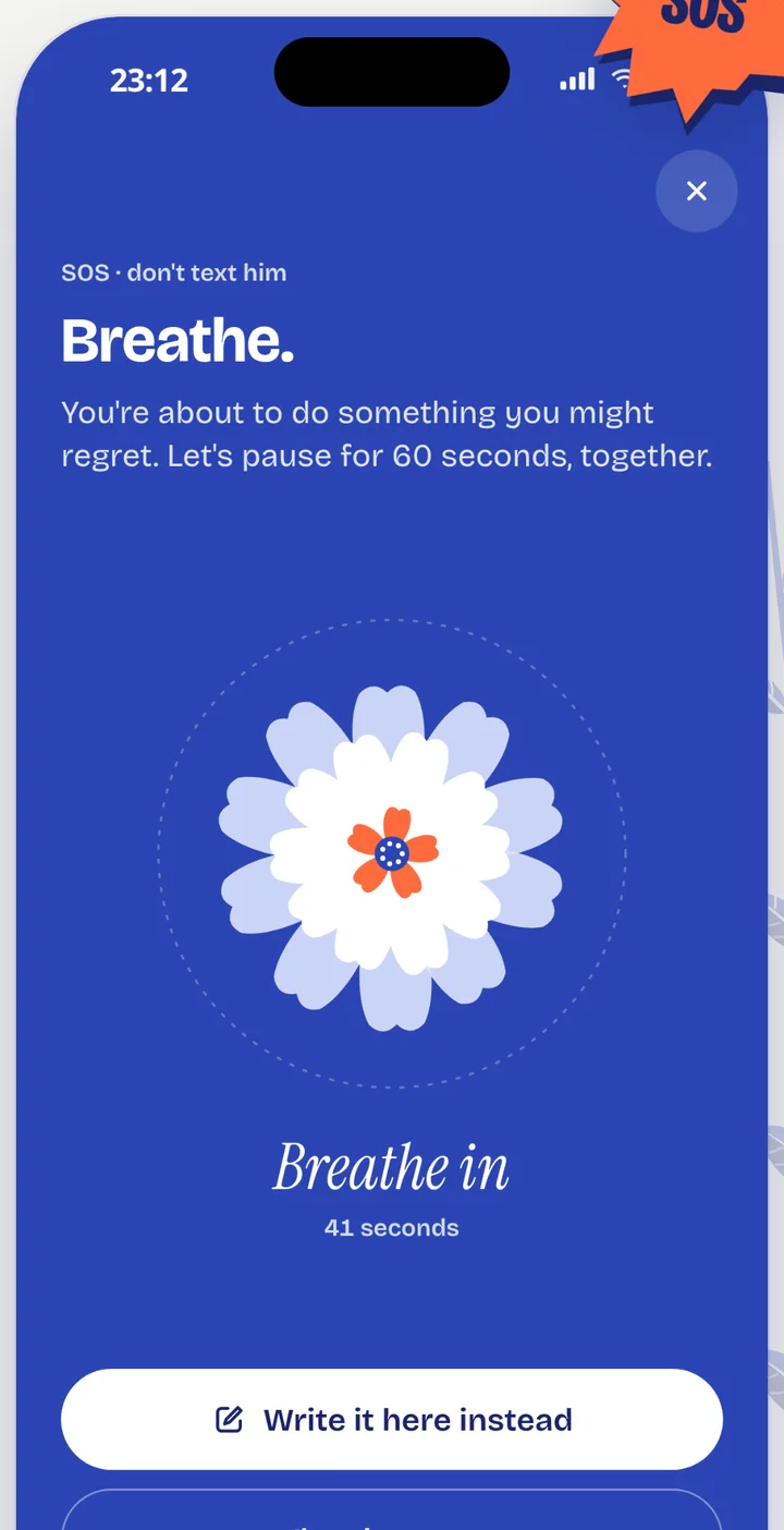 The Lumi SOS screen with a breathing flower and the words Breathe in